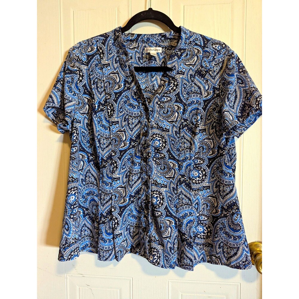 Croft & Barrow Women's Petite PXL Blue Paisley Cap Short Sleeve Blouse Pleated